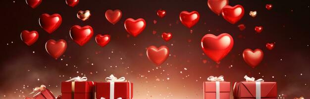 ai generiert rot und Weiß Geschenk Kisten sind fliegend Weg wie Herzen erscheinen auf Sie foto
