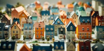 ai generiert Miniatur Häuser im ein klein Stadt, Dorf foto