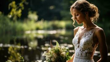 ai generiert ein atemberaubend Braut- Porträt im ein natürlich Rahmen vielleicht im ein Garten oder in der Nähe von ein See präsentieren das Braut und ihr Kleid im ein heiter Umgebung foto