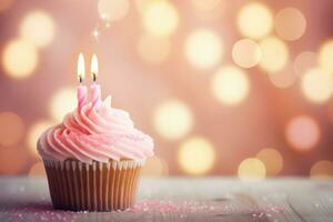 ai generiert Geburtstag Cupcake mit Kerze auf Bokeh Hintergrund, Nahaufnahme, ein Geburtstag Cupcake mit Kerzen auf ein Rosa Hintergrund mit Bokeh, ai generiert foto