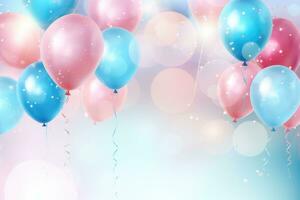 ai generiert bunt Luftballons auf Weiß Hintergrund. glücklich Geburtstag. Raum zum Text, feierlich Hintergrund mit Rosa und Blau Luftballons, Konfetti, funkelt, Beleuchtung, ai generiert foto