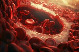 ai generiert Blut Zellen mit rot Blut Zellen. 3d machen Konzept zum medizinisch Hintergrund, Blut gerinnen oder Thrombus können behindern das fließen von rot Blut, ai generiert foto