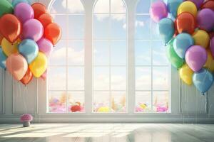 ai generiert 3d Rendern von bunt Luftballons im ein Zimmer mit Fenster Sicht, 3d Rendern von bunt Luftballons im ein Zimmer mit ein Fenster im das Hintergrund, ai generiert foto