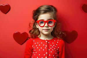ai generiert wenig Mädchen im rot Brille auf ein rot Hintergrund. Valentinstag Tag, schön Kind tragen stilvoll groß rot Brille auf Valentinstag Tag, ai generiert foto