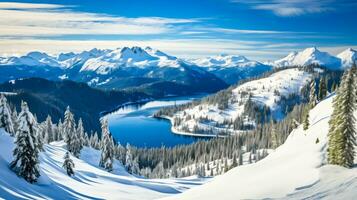 ai generiert ein atemberaubend schneebedeckt Berg Weite und eisig See Panorama im Winter foto