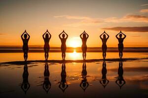 ai generiert Sonnenaufgang Strand Yoga Session mit Menschen ausströmend Gelassenheit und Wellness foto
