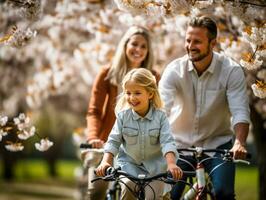 ai generiert ein Familie auf ein entspannt Fahrrad Reiten im ein üppig Park mit blühen Flora und grün Bäume emblematisch von draussen Aktivitäten mit Raum zum Kopieren foto