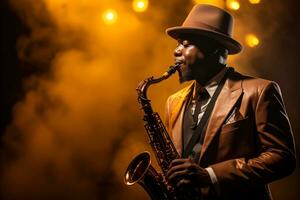 ai generiert Jahrgang inspiriert Sepia Bild von ein afrikanisch amerikanisch Jazz Saxophonist durchführen Solo unter Scheinwerfer foto