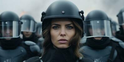 ai generiert ein Frau im ein Helm und ein bewaffnet Protest foto