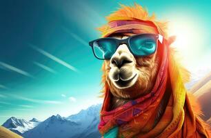 ai generiert ein Lama gekleidet oben im hell farbig Sonnenbrille und ein Schal foto