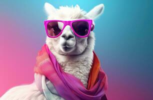 ai generiert ein Karikatur Lama tragen Sonnenbrille und ein Schal foto