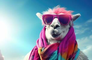 ai generiert ein Karikatur Lama tragen Sonnenbrille und ein Schal foto