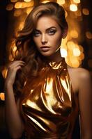 ai generiert ein Frau tragen ein golden Kleid foto