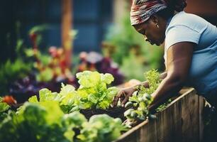 ai generiert afrikanisch amerikanisch Frau Arbeiten mit Gemüse im ein Gemeinschaft Garten weiblich foto