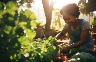 ai generiert afrikanisch amerikanisch Frau Arbeiten mit Gemüse im ein Gemeinschaft Garten weiblich foto