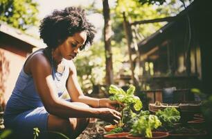 ai generiert afrikanisch amerikanisch Frau Arbeiten mit Gemüse im ein Gemeinschaft Garten weiblich foto