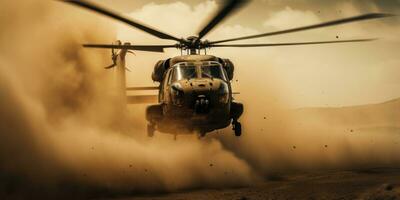 ai generiert bewaffnet Kräfte Hubschrauber im ein Sand Sturm foto