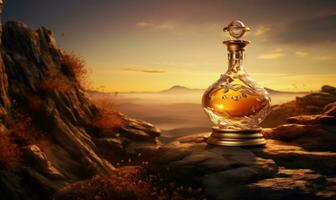 ai generiert ein opulent golden Flasche ruhen auf ein Felsen beim Sonnenuntergang foto