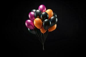ai generiert bunt Luftballons Bündel. feiern Dekoration Symbol mehrfarbig. 3d Wiedergabe, isoliert auf schwarz Hintergrund ai generiert foto