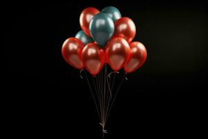 ai generiert bunt Luftballons Bündel. feiern Dekoration Symbol mehrfarbig. 3d Wiedergabe, isoliert auf schwarz Hintergrund ai generiert foto