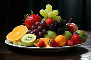 ai generiert Früchte auf Platte, Früchte Dekoration bereit zu essen, frisch Obst Vielfalt auf Tablett gesund Essen Diät Essen ai generiert foto