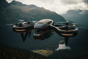 ai generiert futuristisch Drohne fliegend Über das Berg, Drohne Quadcopter mit Digital Kamera ai generiert foto