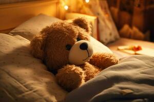 ai generiert Teddy Bär auf Bett, Teddy Bär auf Bett mit Kissen und Beleuchtung Hintergrund ai generiert foto