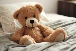 ai generiert Teddy Bär auf Bett, Teddy Bär auf Bett mit Kissen und Beleuchtung Hintergrund ai generiert foto