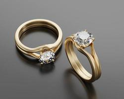 Goldring mit zwei Diamanten auf glänzendem Hintergrund, 3D-Rendering
