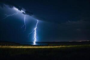 ai generiert Blitz Streiks Über ein See und grasig Feld foto