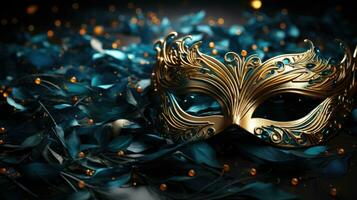 ai generiert elegant venezianisch Maske inmitten Blau Gefieder und golden Perlen foto