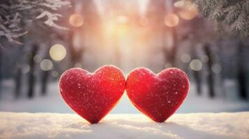 ai generiert zwei rot Herzen im Schnee beim Winter Sonnenuntergang Romantik foto