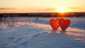 ai generiert zwei rot Herzen im Schnee beim Winter Sonnenuntergang Romantik foto