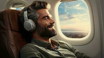 ai generiert ein Mann fliegt auf ein Flugzeug und hört zu zu Musik- auf Kopfhörer während ein Luft Flug, ruhen Nächster zu das Flugzeug Fenster foto