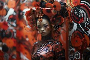 ai generiert Geisha, Kabuki, im das Stil von Futurist Ansprüche, generativ ai foto