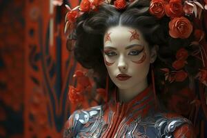 ai generiert Geisha, Kabuki, im das Stil von Futurist Ansprüche, generativ ai foto