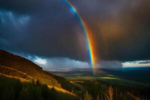 ai generiert ein Regenbogen ist gesehen Über ein Berg Angebot mit ein dunkel Himmel foto