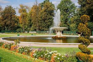 schöner Brunnen an einem Sommertag. hellgrüner Park mit blühenden Blumen foto