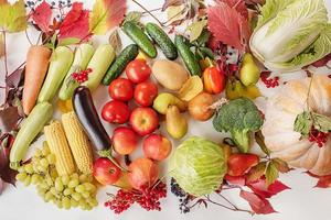 Erntedankfest herbstliche Stillleben. herbstliches Essen. Herbstgeschenke Gemüse, Obst, Getreide. foto