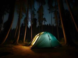 ai generiert Nacht Aussicht von Camping Zelt mit Wald foto