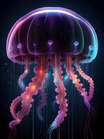 ai generiert glühend Qualle schwimmen tief im Blau Meer. Meduse Neon- Qualle Fantasie im Raum Kosmos unter Sterne. 3d machen foto
