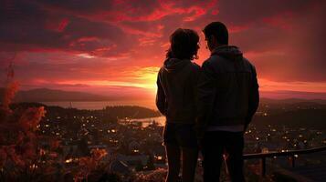 ai generiert Paar im Liebe Mann und Frau halten Hände umarmen und küssen romantisch beim Sonnenuntergang, Liebe Illustration zum Valentinstag Tag foto