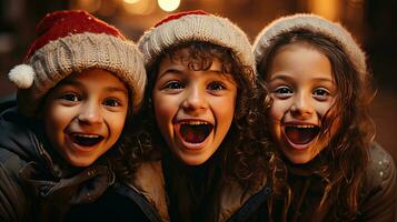 ai generiert glücklich Kinder im warm Hüte Lächeln und jubeln im Winter und Schnee ein nd Neu Jahre Weihnachten ai generiert Bild foto