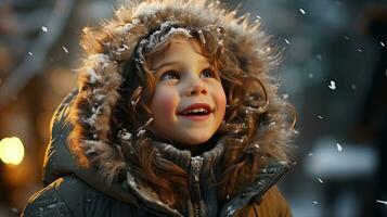 ai generiert wenig glücklich Junge Kind im ein warm Hut lächelt und freut sich im Winter und Schnee und Neu Jahre Weihnachten Wunder und Schönheit ai generiert Bild foto