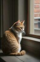 ai generiert Bild von ein süß Katze sitzend auf ein Fensterbrett foto