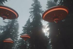 ai generiert niedrig Schlüssel Bild von UFO schweben Über ein Wald beim Nacht mit Licht Strahl. neural Netzwerk ai generiert foto