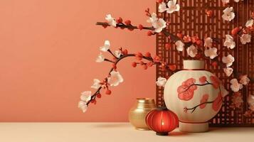 Chinesisch Neu Jahr Hintergrund mit traditionell Laternen, Sakura Blumen und Kopieren Raum. Mond- Neu Jahr Konzept durch ai generiert foto