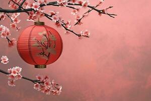 Chinesisch Neu Jahr Hintergrund mit traditionell Laternen, Sakura Blumen und Kopieren Raum. Mond- Neu Jahr Konzept durch ai generiert foto