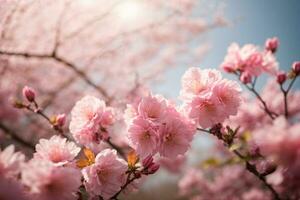 ai generiert ein verträumt Sakura Garten mit anmutig Schmetterlinge foto