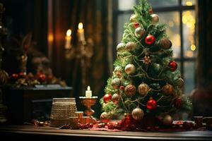 ai generiert präsentieren ein Weihnachten Baum reich dekoriert mit festlich Ornamente foto